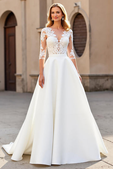 Satin A Line V-Neck Court Train Ivory Wedding Dress with Lace Appliques
